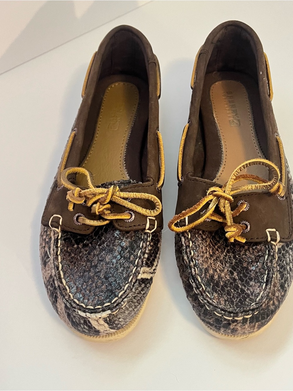 SPERRY Top-Sider Snake Print Boat Shoes Women 6.5M Brown Leather Nautical Loafer